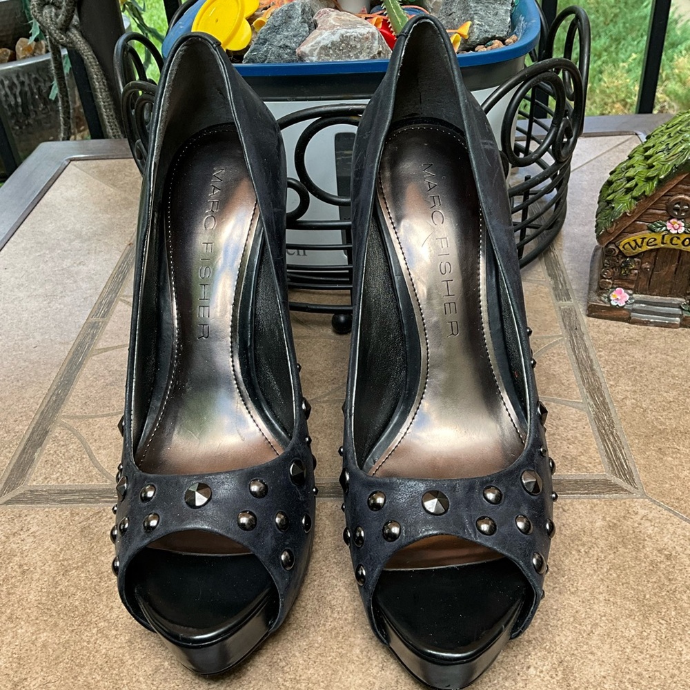 Marc Fisher Distressed Black Studded Peep-Toe Heels 7.5